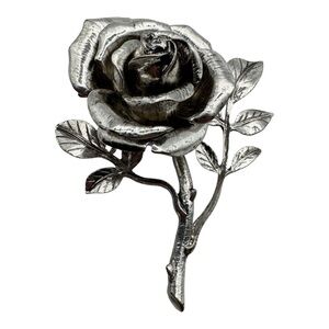 Vintage Silver-Tone Rose Flower Brooch – 3.25”‎ Detailed Metal Stem & Leaves
